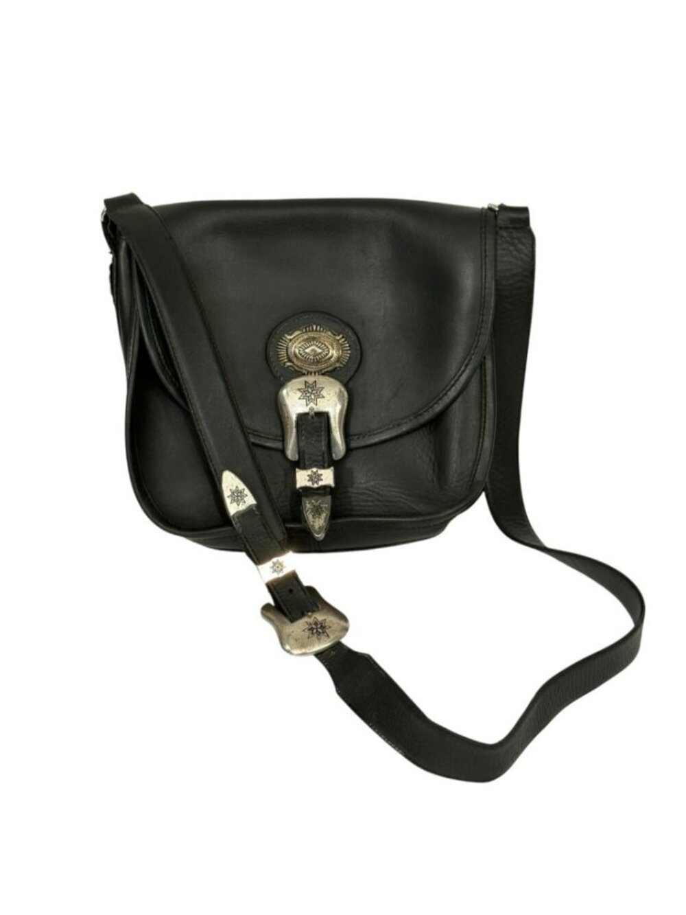 Southwestern Black Leather Concho Crossbody Saddle Bag Western Boho Silver-Tone